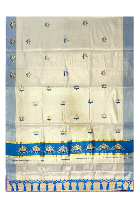 Southloom Kerala Tissue Kasavu Saree with Blue And Golden Lotus Embroidary Designs on Body