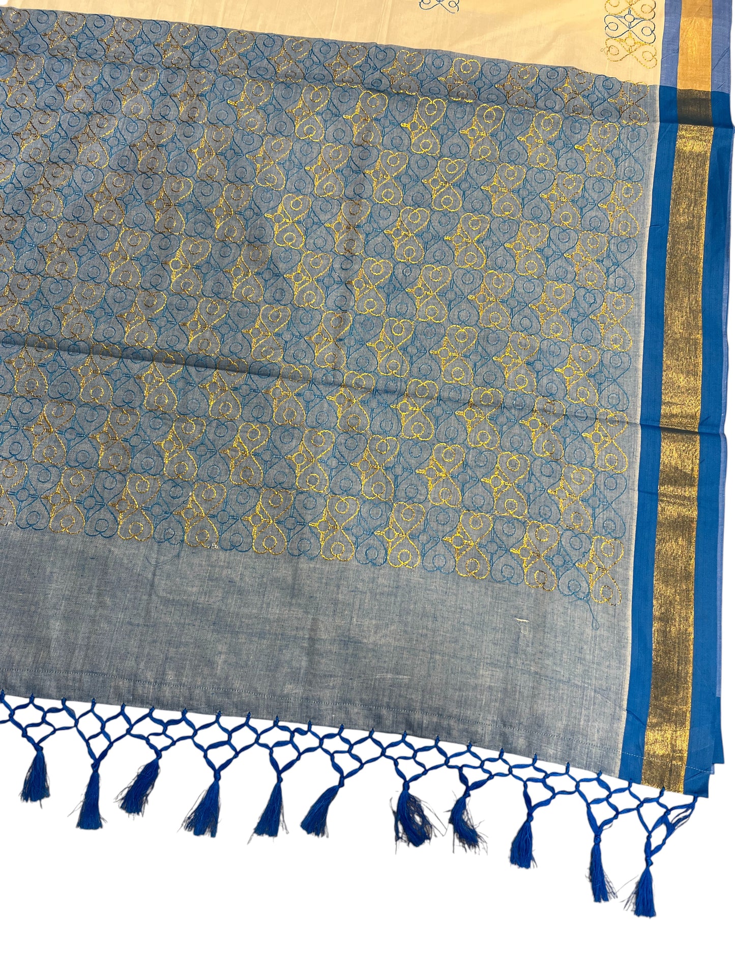 Southloom Kerala Cotton Saree with Blue and Golden Embroidery Works