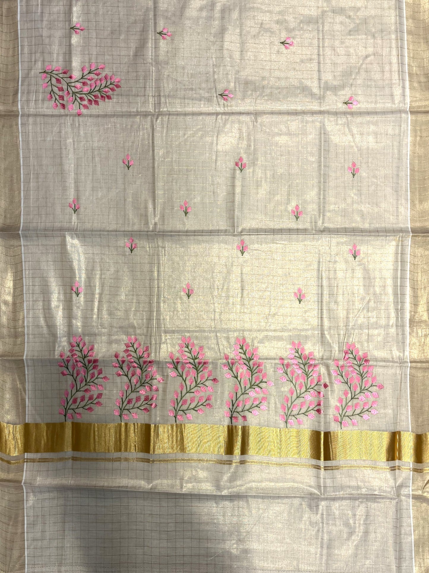 Southloom Tissue Kerala Kasavu Check Saree with Floral Embroidery Design