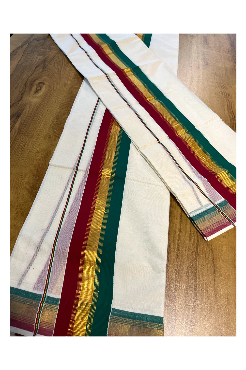 Kerala Cotton Kasavu Set Mundu (Mundum Neriyathum) with Green and Maroon Border 2.80 Mtrs