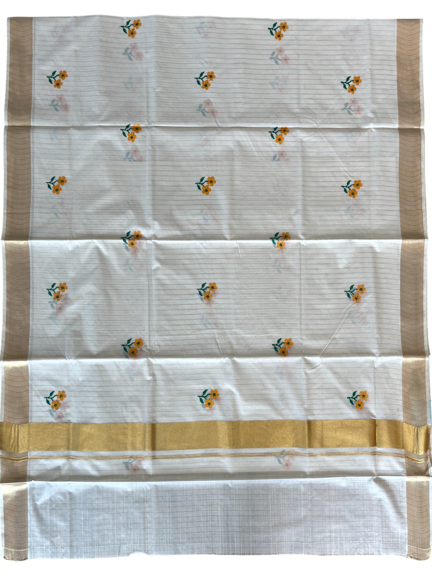 Southloom Kerala Cotton Kasavu Stripes Saree with Yellow Floral Embroidery Work