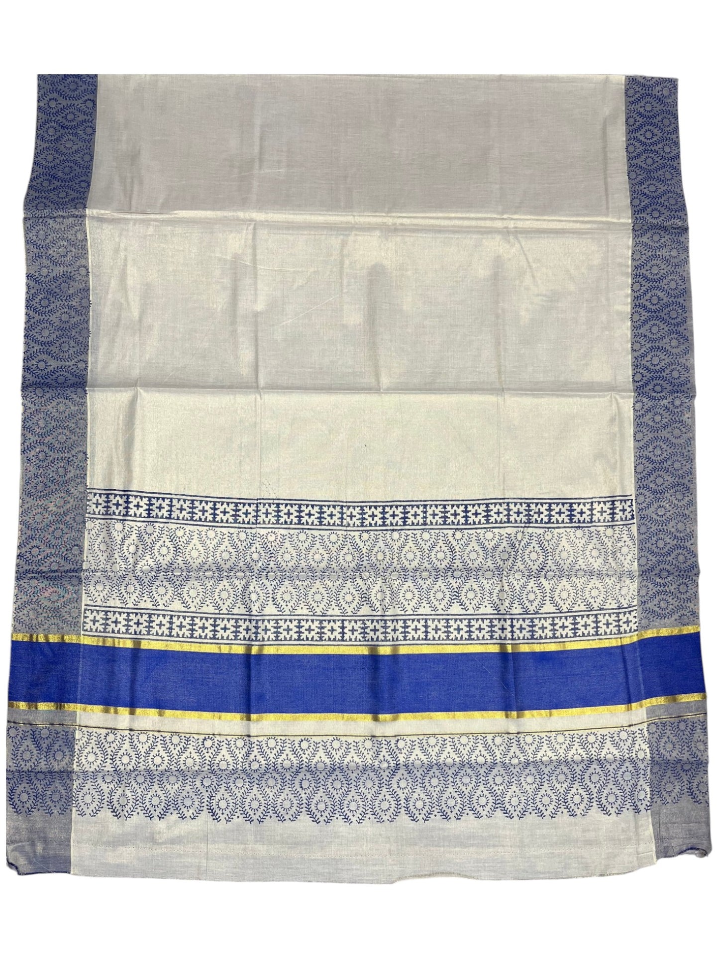 Southloom Tissue Kerala Kasavu Saree with Block Print on Body and Borders in Blue