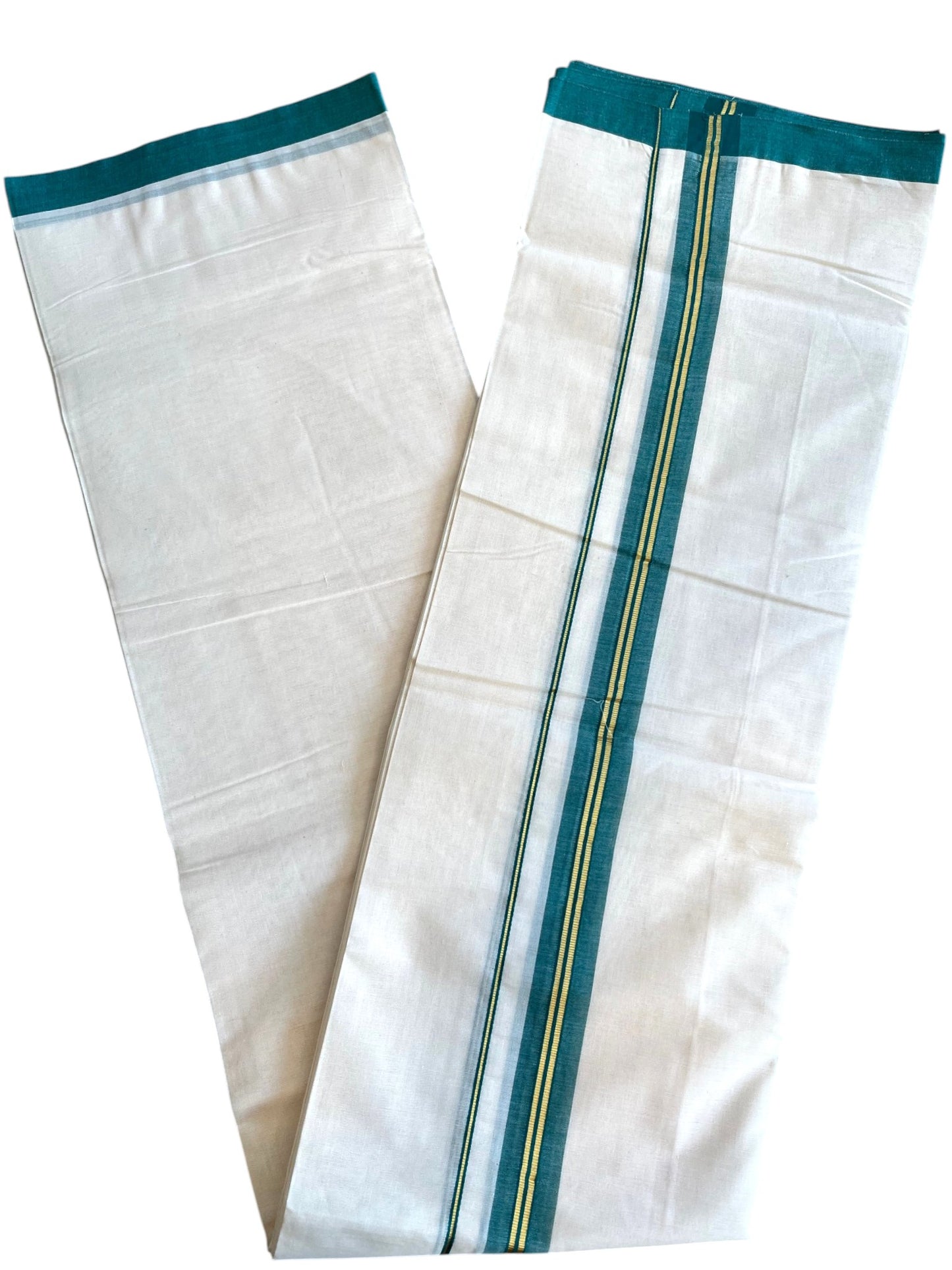 Southloom Pure Cotton Mundu with Golden Lines and Peacock green Border (South Indian Kerala Dhoti)