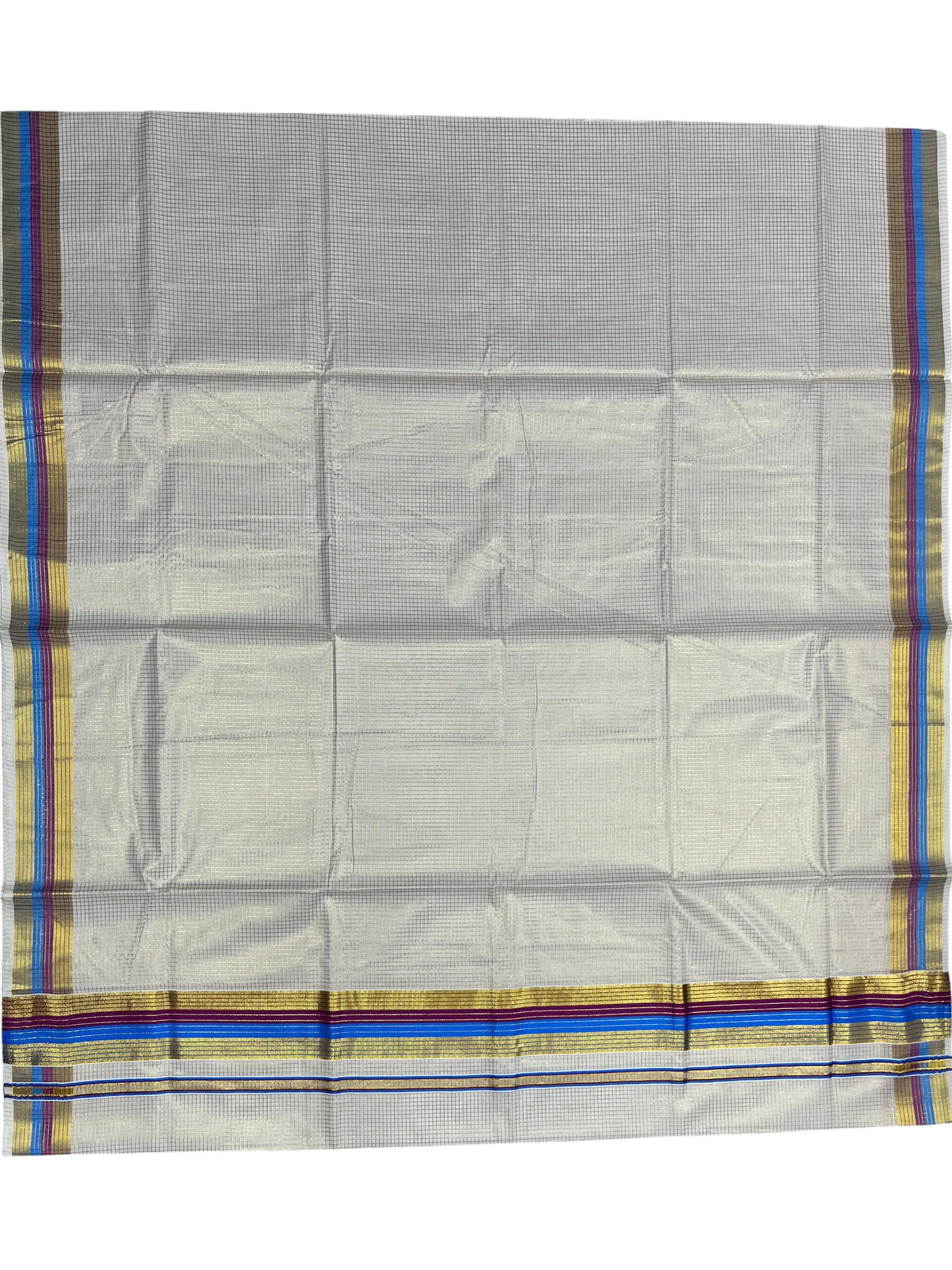 Southloom Kerala Cotton Kasavu Saree with Micro Check Design on Body in Blue & Purple Border