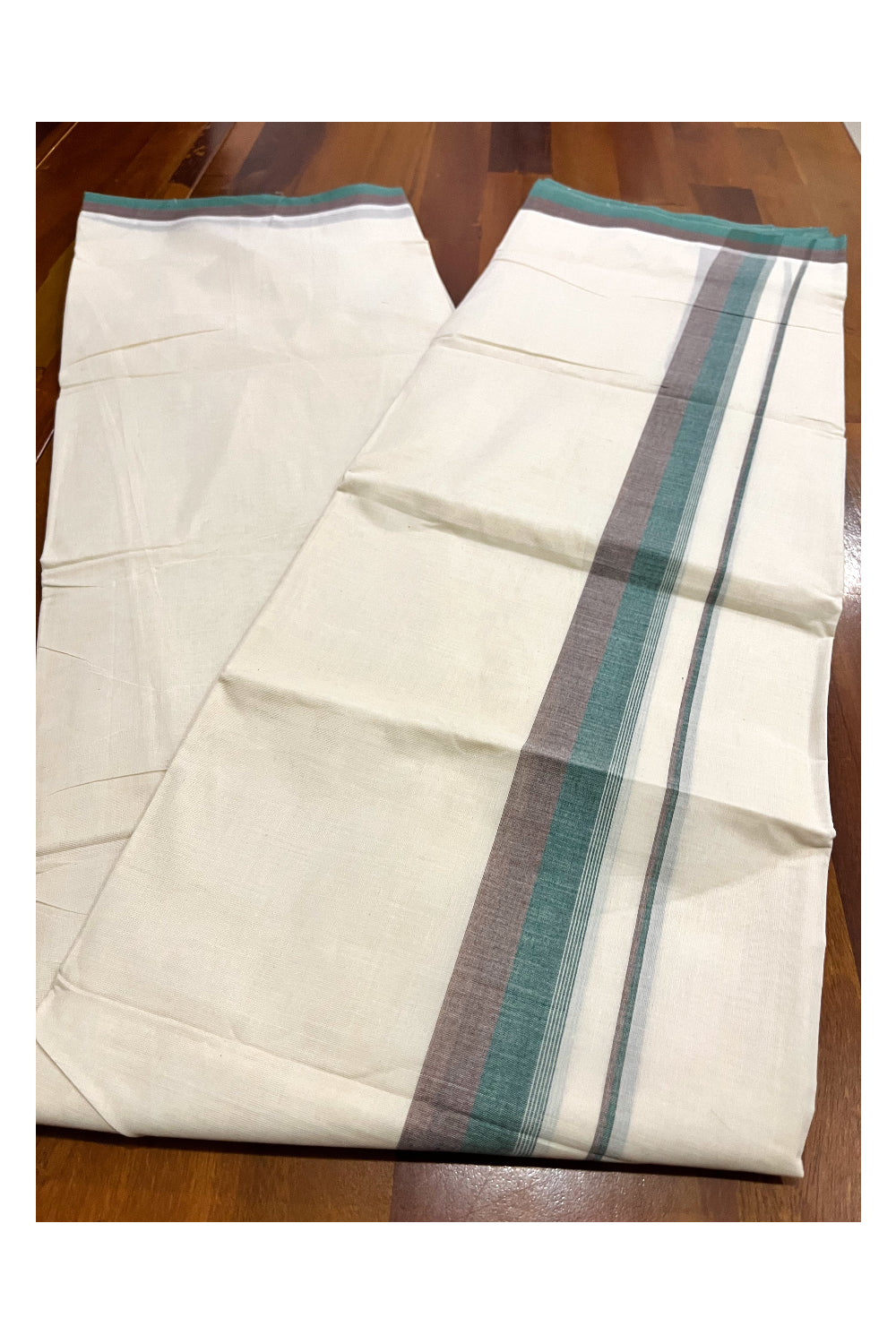 Kerala Pure Cotton Double Mundu with Green Brown Border (South Indian Kerala Dhoti)