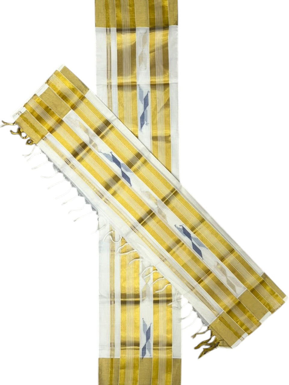 Southloom Premium Cotton Handloom Set Mundu with Kasavu With Blue and Golden Border (2.80 Mtr)
