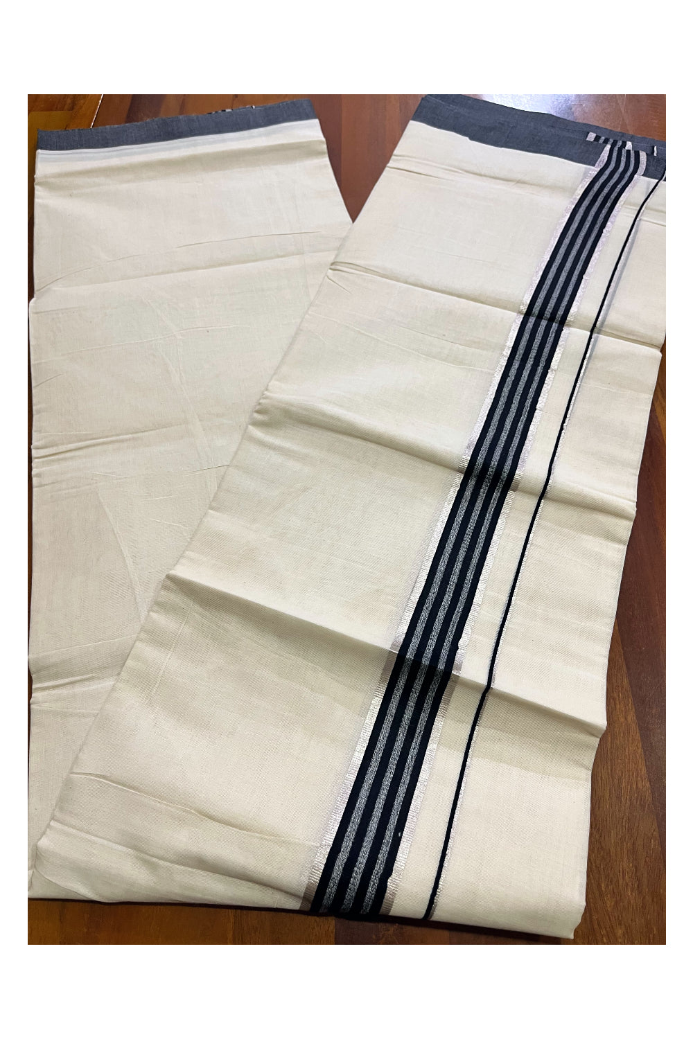 Kerala Pure Cotton Double Mundu with Silver Kasavu and Black Border (Vishu 2024 Collection)