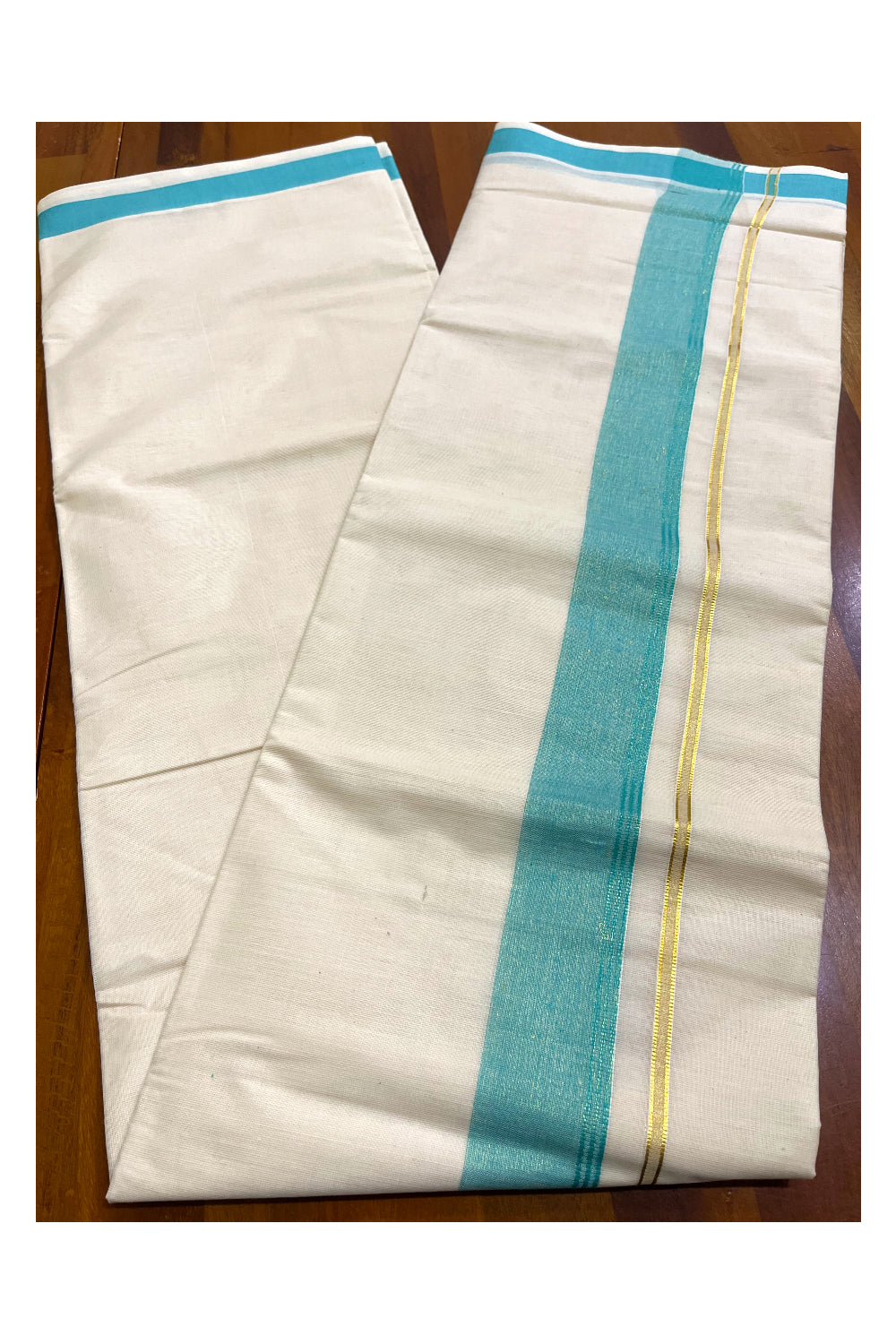 Kerala Pure Cotton Double Mundu with Turquoise and Kasavu Border (South Indian Kerala Dhoti)