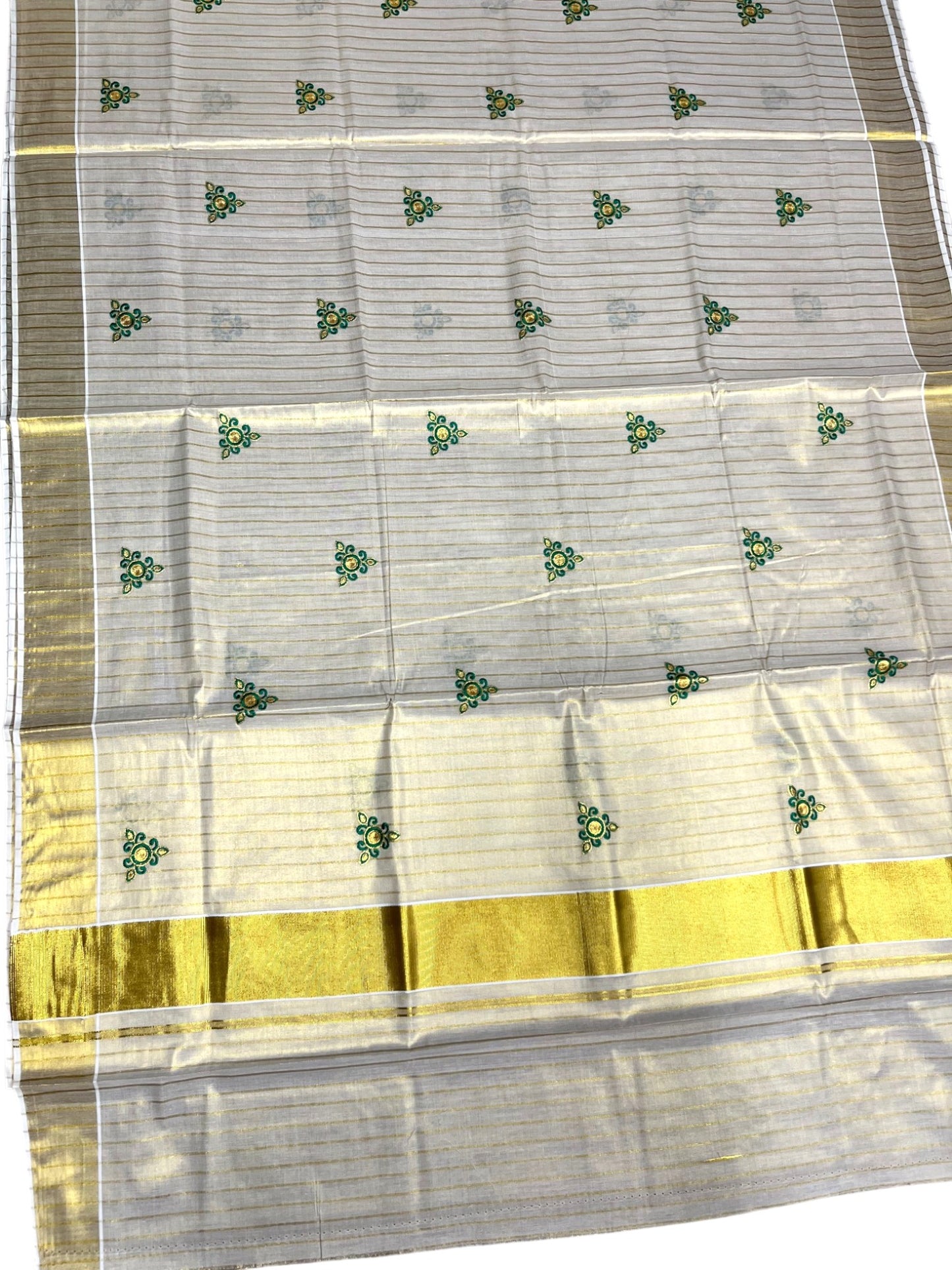 Southloom Tissue Kerala Kasavu Lines Saree with Floral Embroidery Design in Green SL363