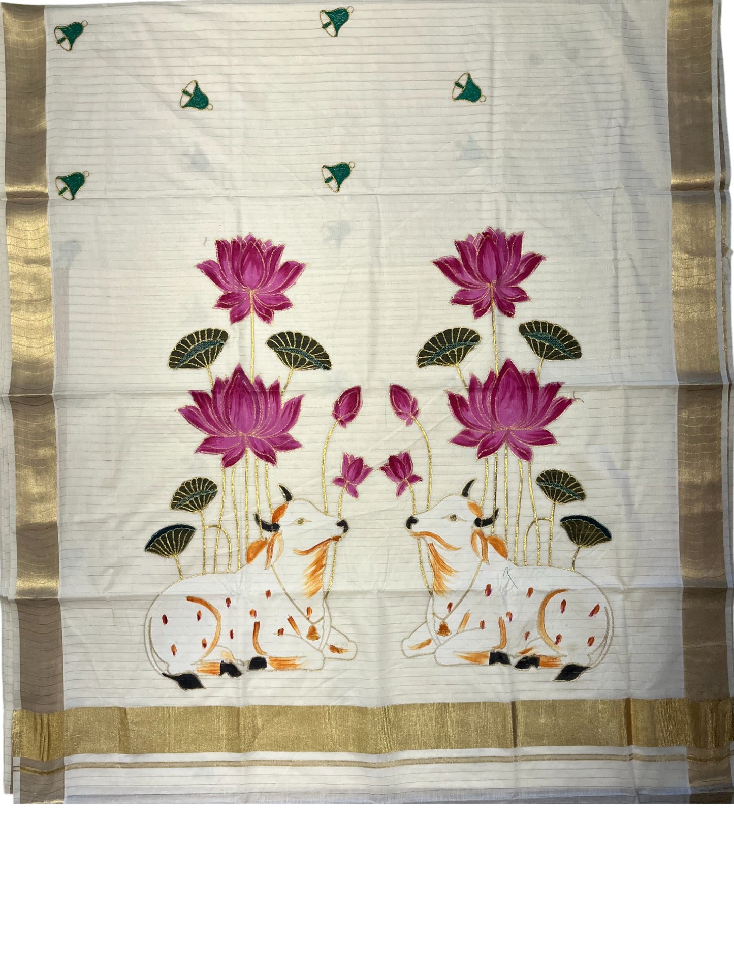 Southloom Cotton Kerala Kasavu Saree with Hand Painted Embroidery Nandi and Lotus Design