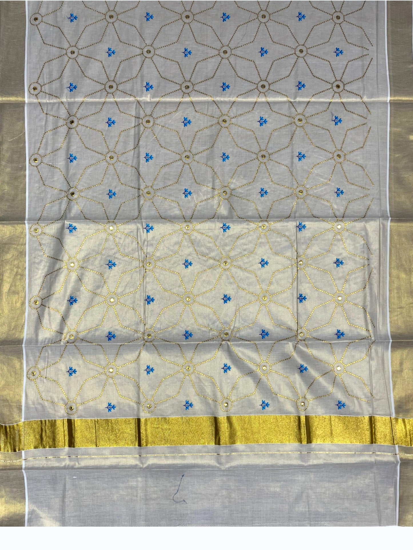 Southloom Kerala Tissue Kasavu Saree with Floral Embroidery Work on Body in Blue