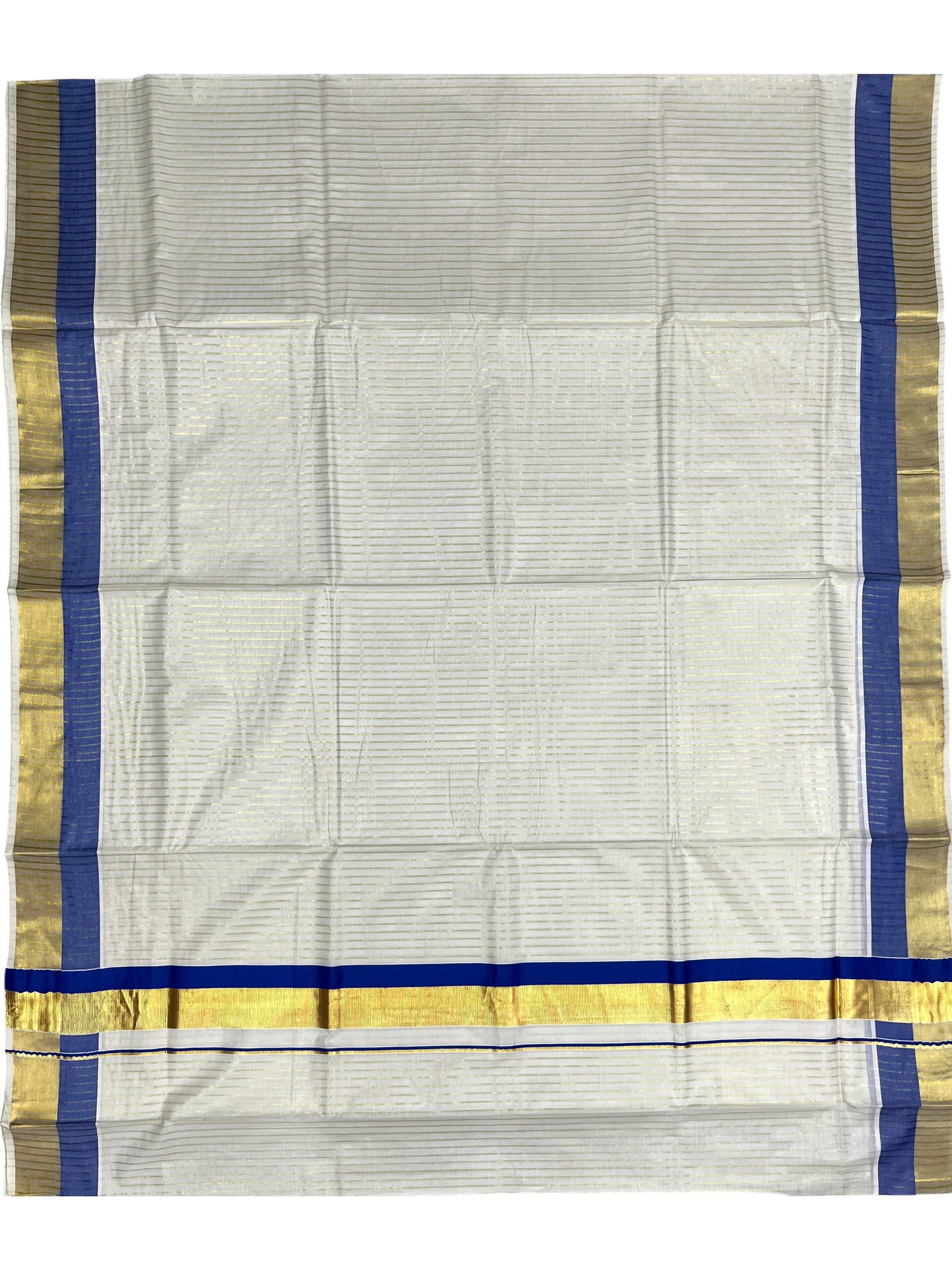 Southloom Pure Cotton Kerala Saree with Gold Kasavu Lines Across Body and  Blue Border