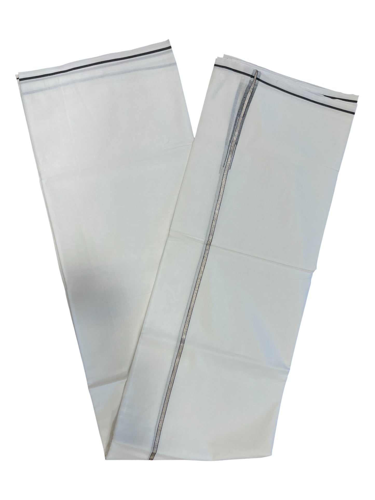 Pure White Cotton Double Mundu with Silver and Black Chutti Kara (South Indian Dhoti)