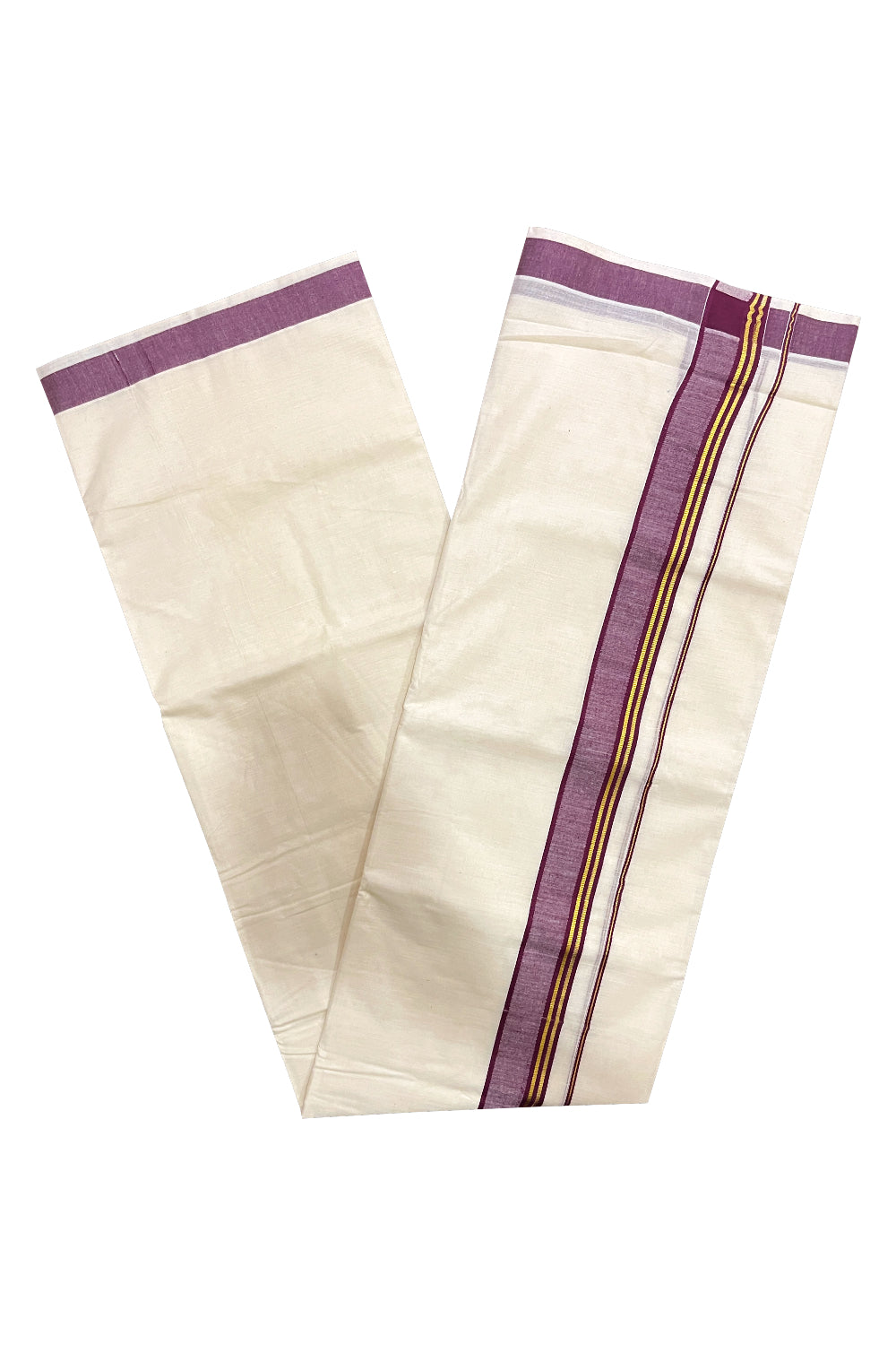 Pure Cotton Kerala Double Mundu with Kasavu and Maroon Kara (South Indian Kerala Dhoti)