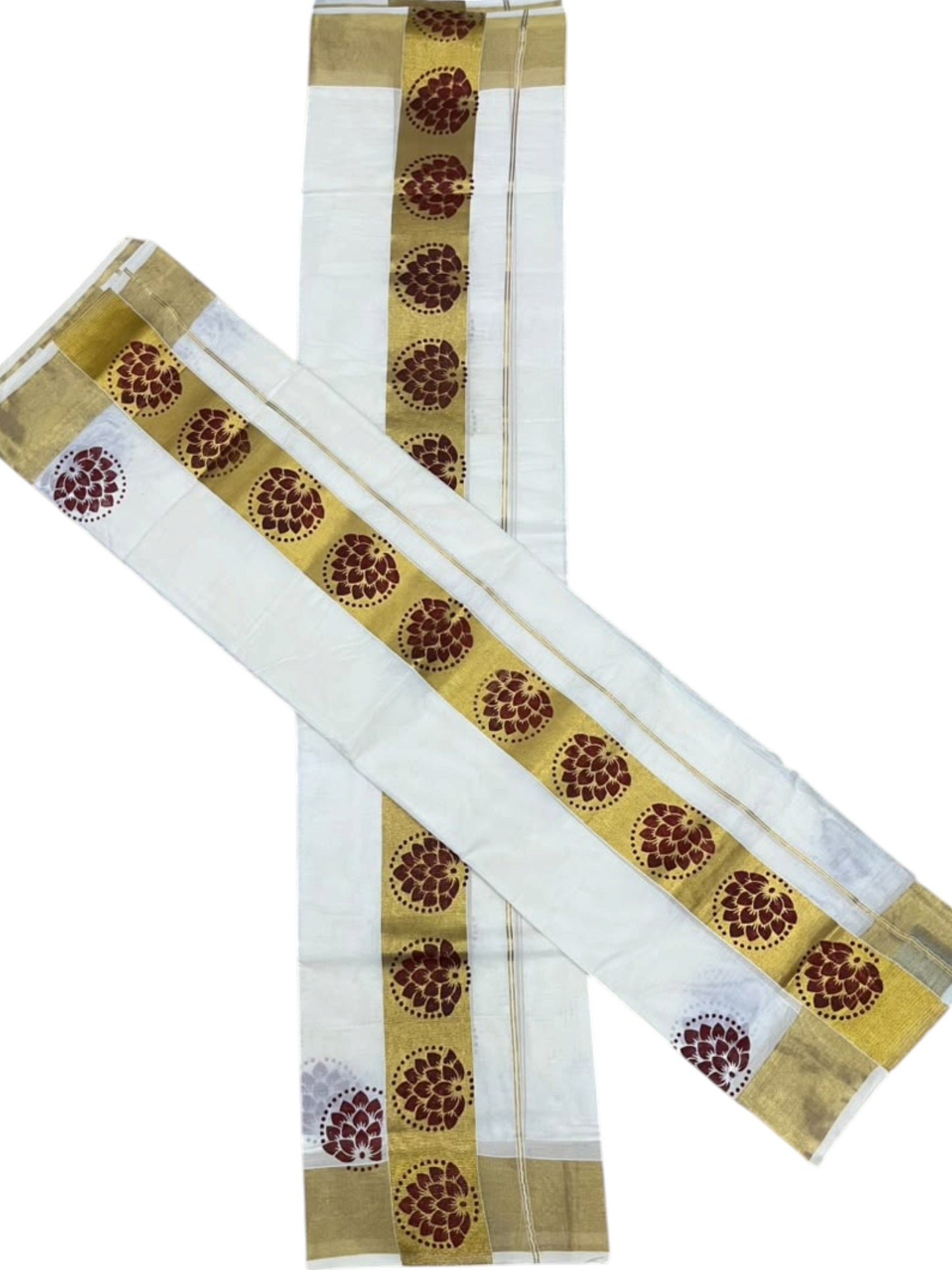 Southloom Pure Cotton Set Mundu with Gold Kasavu and Maroon Floral Digital Print in 2.80 Mtrs SL383