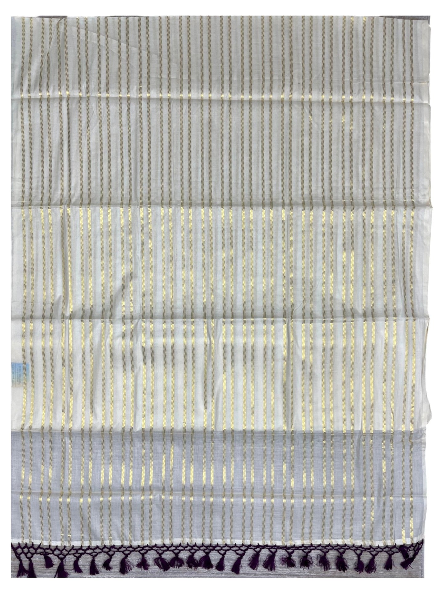 Southloom Cotton Kerala Kasavu Saree with Stripes on Body and Purple Tussels