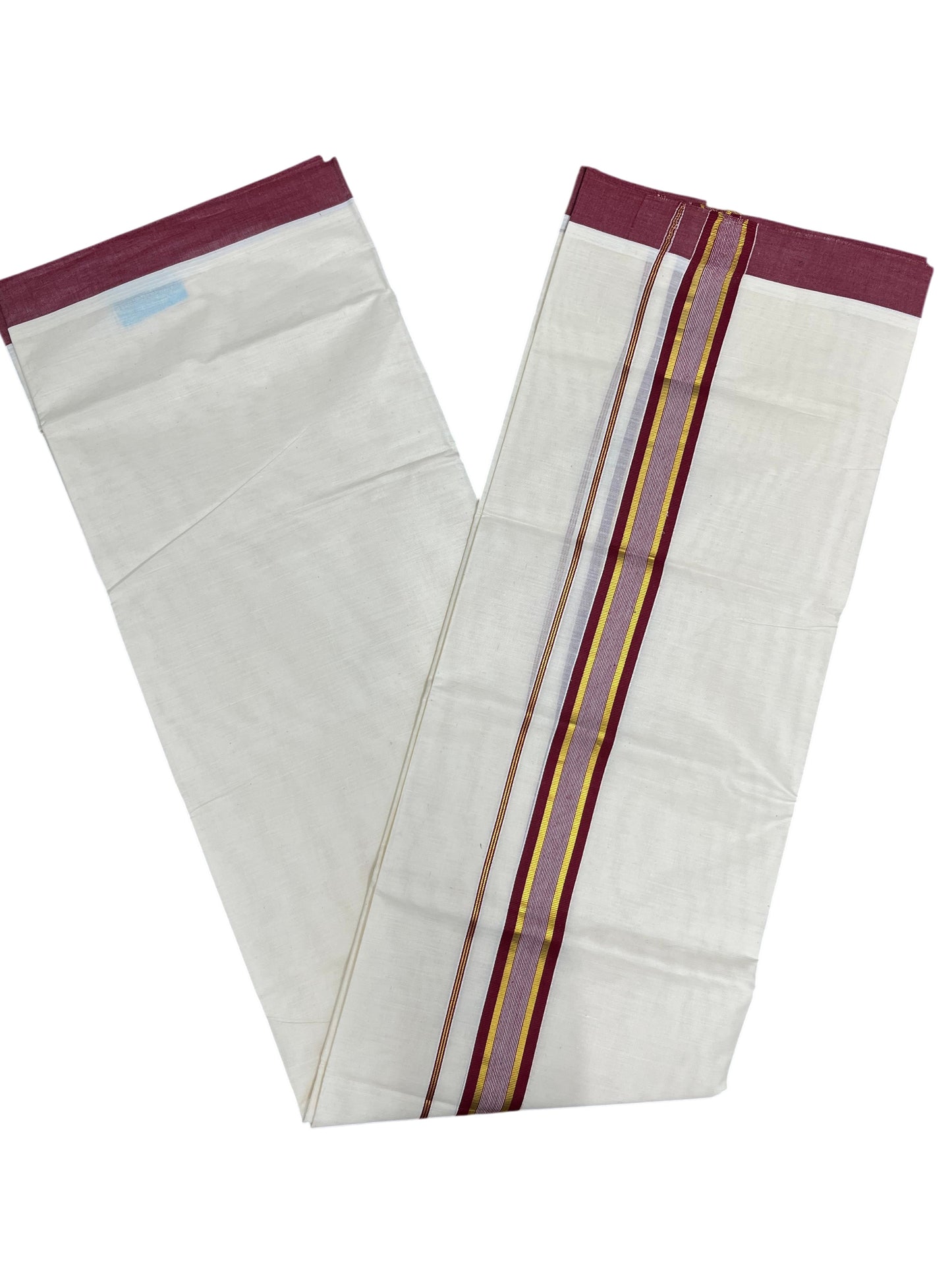 Southloom Pure Cotton Mundu with Maroon Border (South Indian Kerala Dhoti)