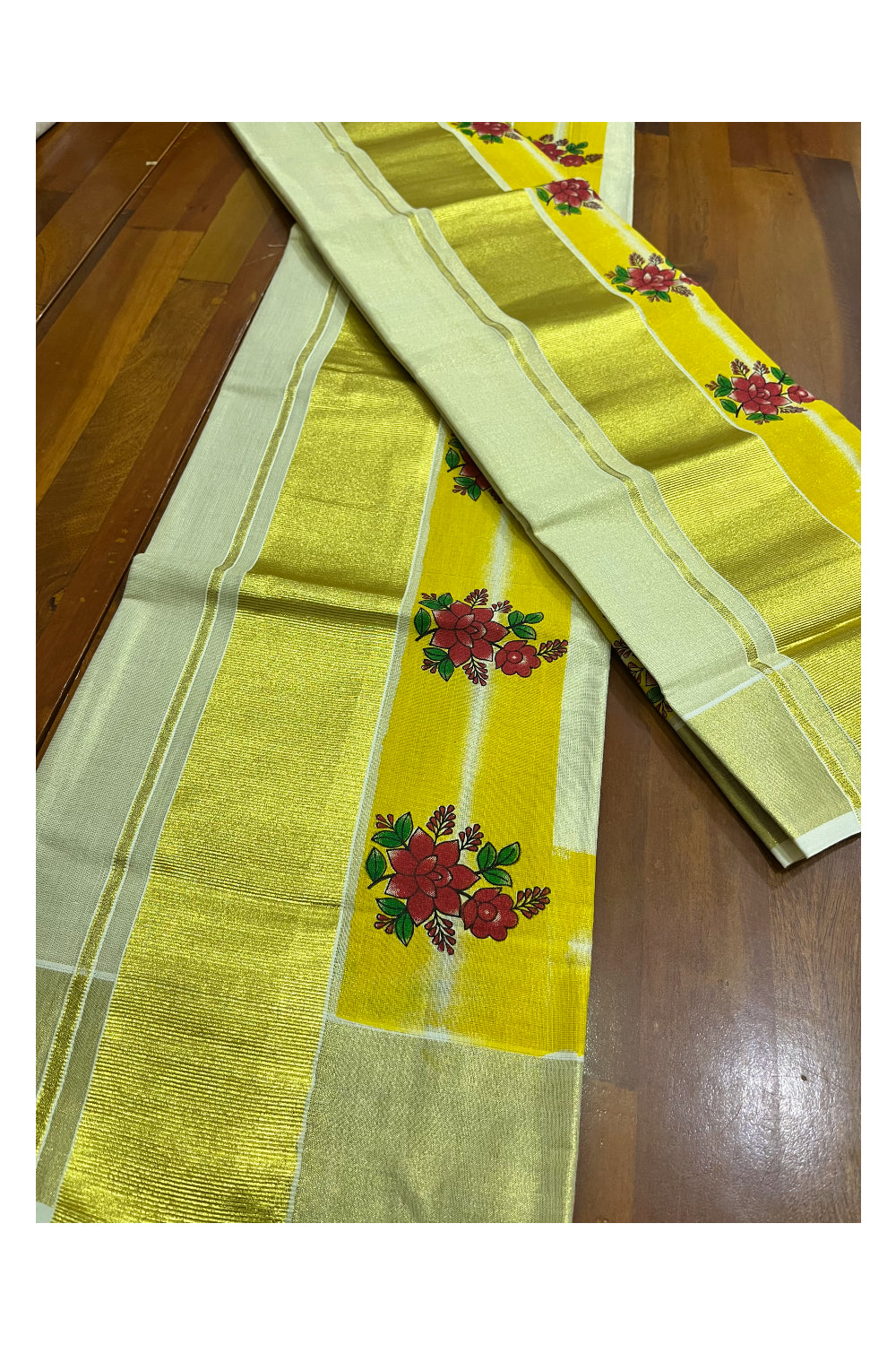 Kerala Tissue Single Set Mundu (Mundum Neriyathum) with Red Floral Block Prints in Yellow Border 2.80 Mtrs (Onam 2024 Collection)