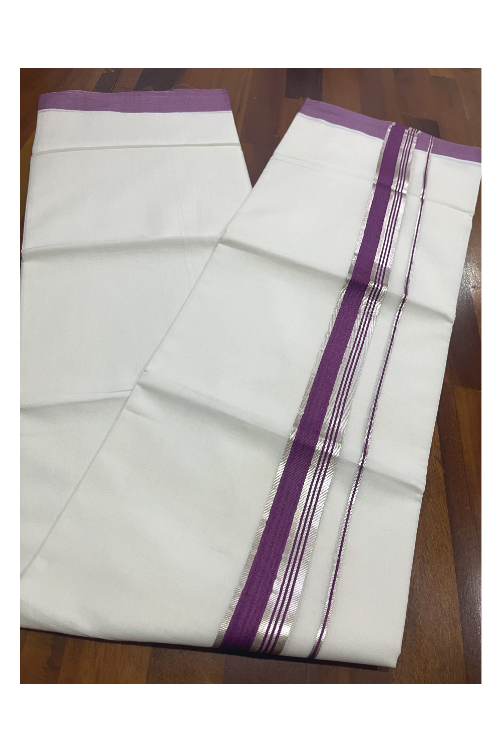 Pure White Cotton Double Mundu with Violet and Silver Kasavu Border (South Indian Kerala Dhoti)