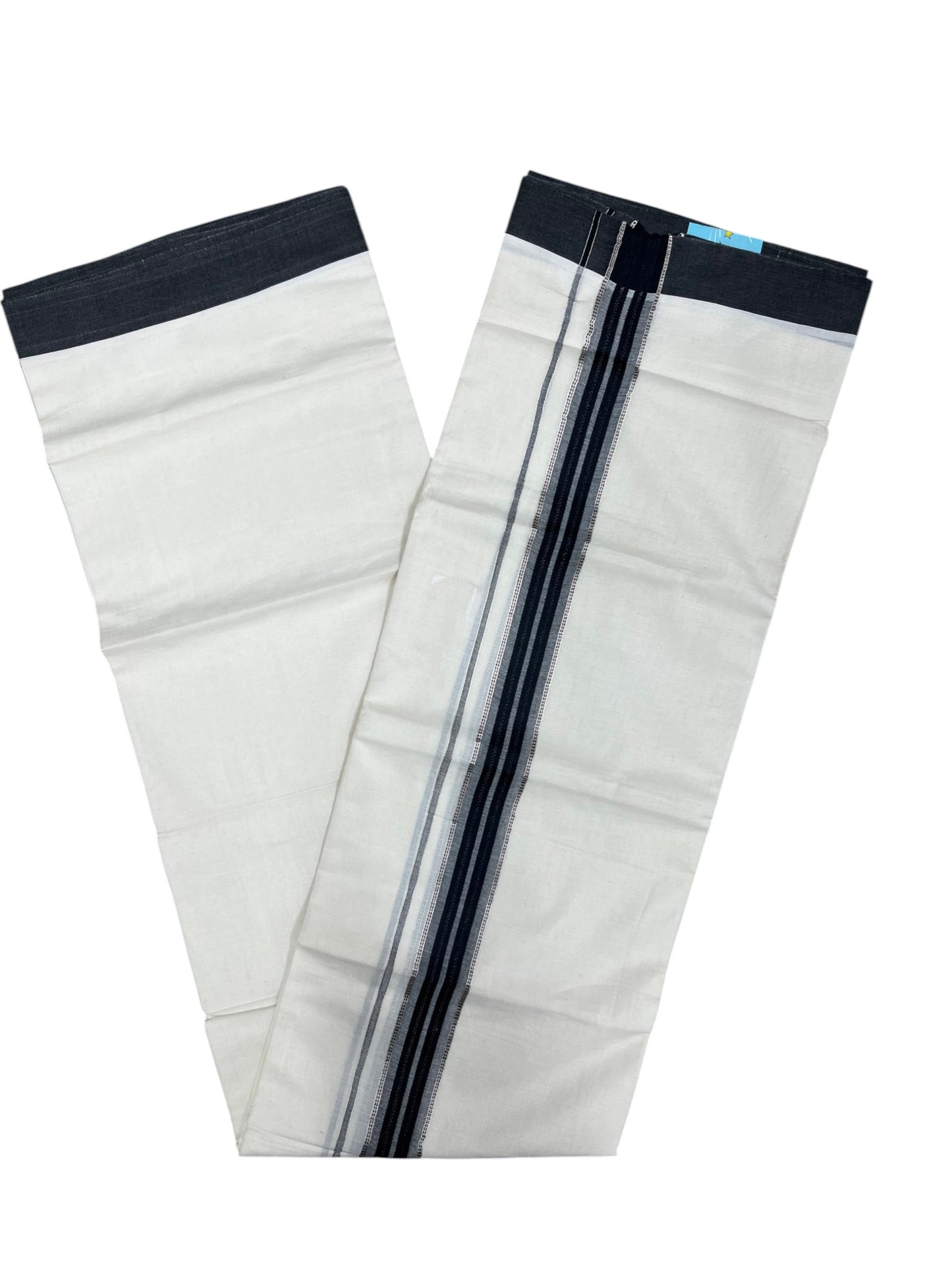 Southloom Kerala Pure Cotton Double Mundu with Silver Lines and Grey and Black Border with (South Indian Dhoti)