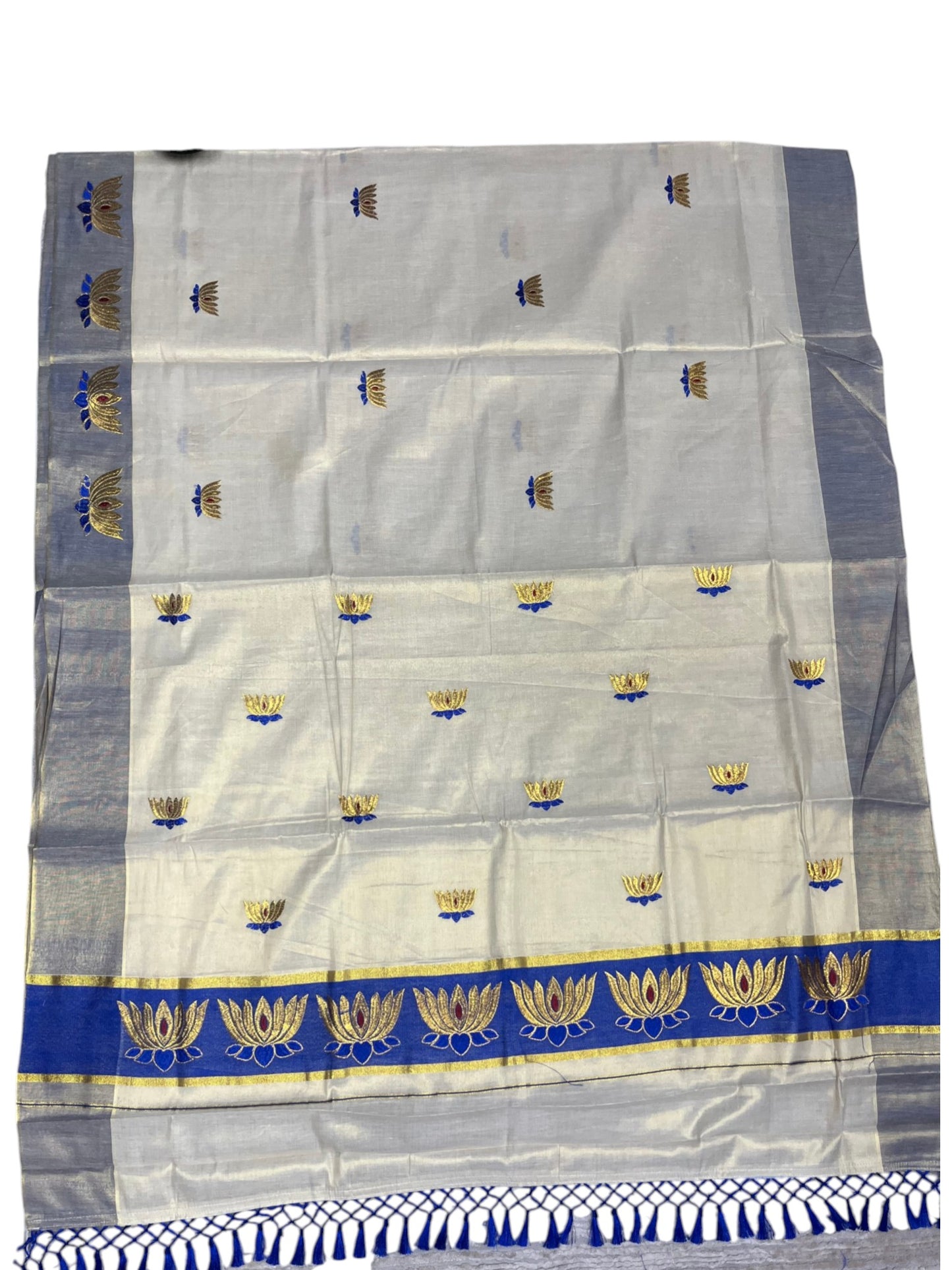 Southloom Kerala Tissue Kasavu Saree with Blue And Golden Lotus Embroidary Works on Body SL273