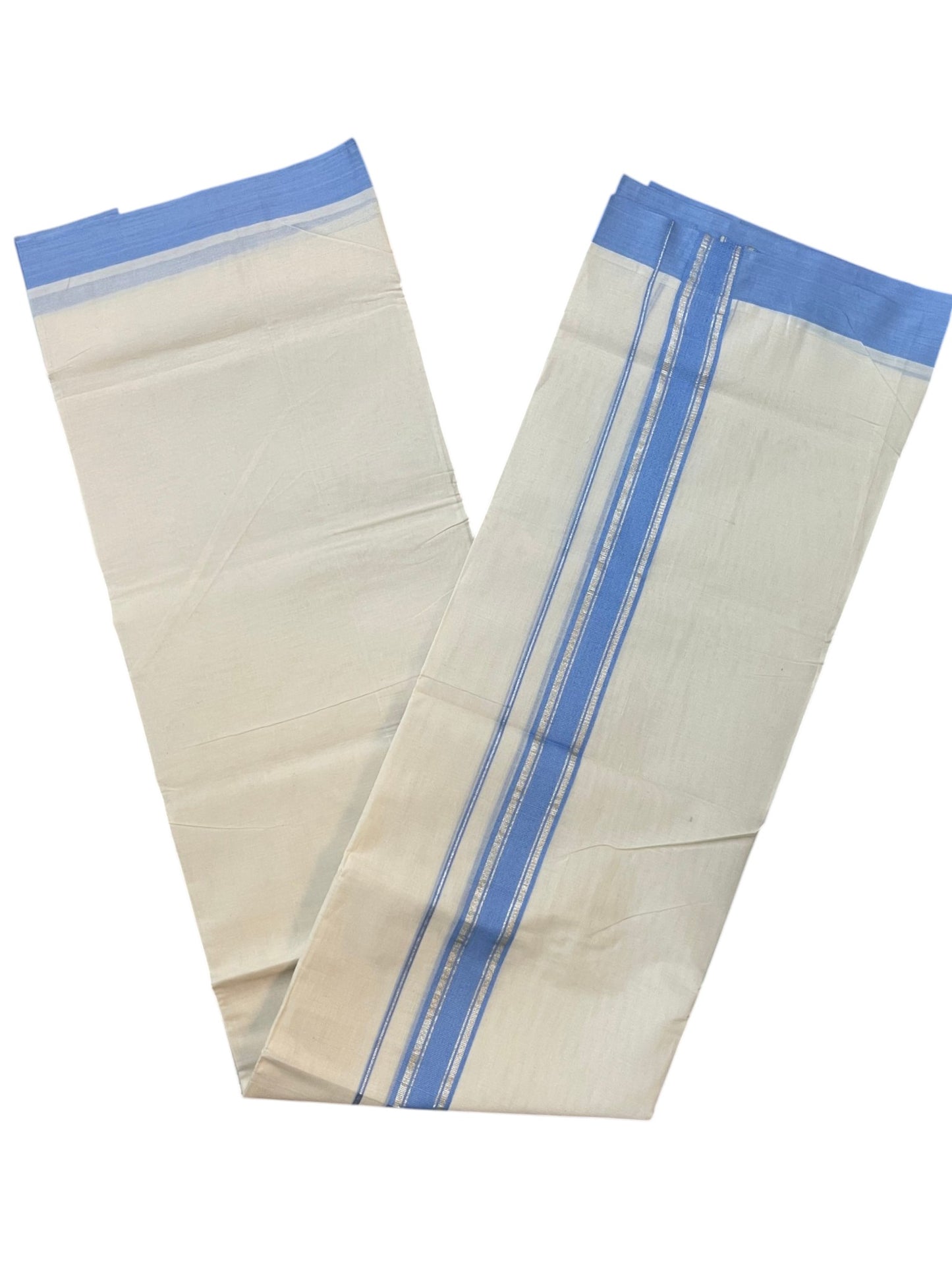 Southloom Pure Cotton Mundu with Golden Lines and Blue Border (South Indian Kerala Dhoti)