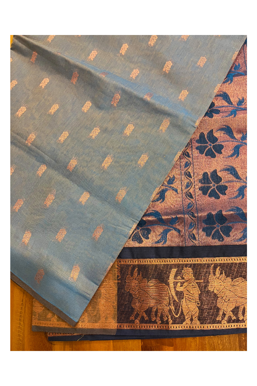 Southloom Cotto Grayish Blue Saree with Woven Butta Works on Body and Heavy Copper Work on Pallu