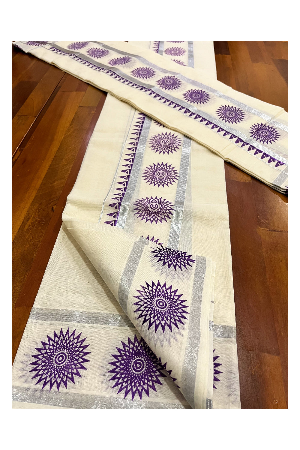 Kerala Pure Cotton Set Mundu Single (Mundum Neriyathum) with Violet Temple Block Prints on Silver Kasavu Border