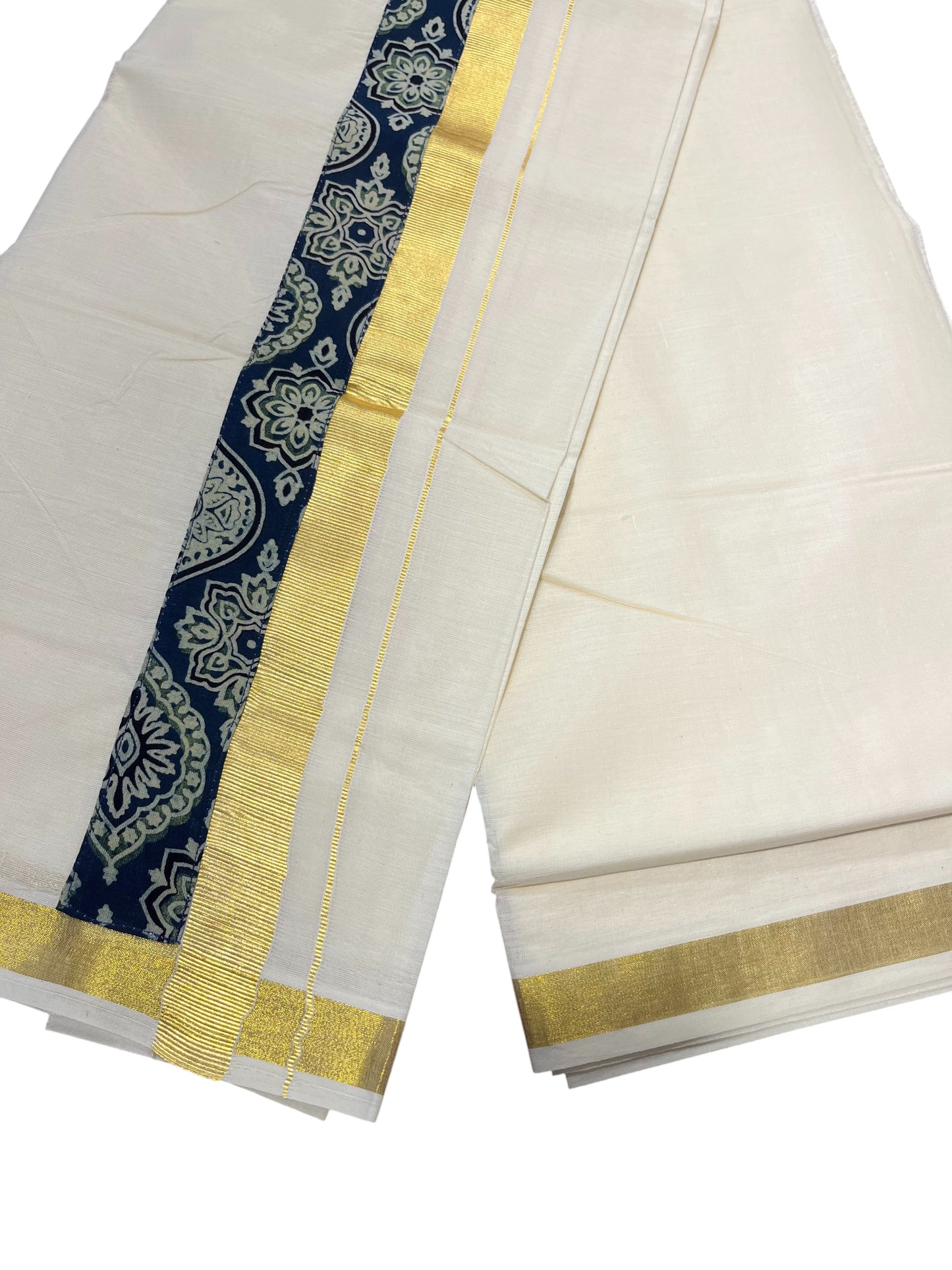 Southloom Pure Cotton Mundu with Kasavu And Blue Ajrakh Print (South Indian Kerala Dhoti)