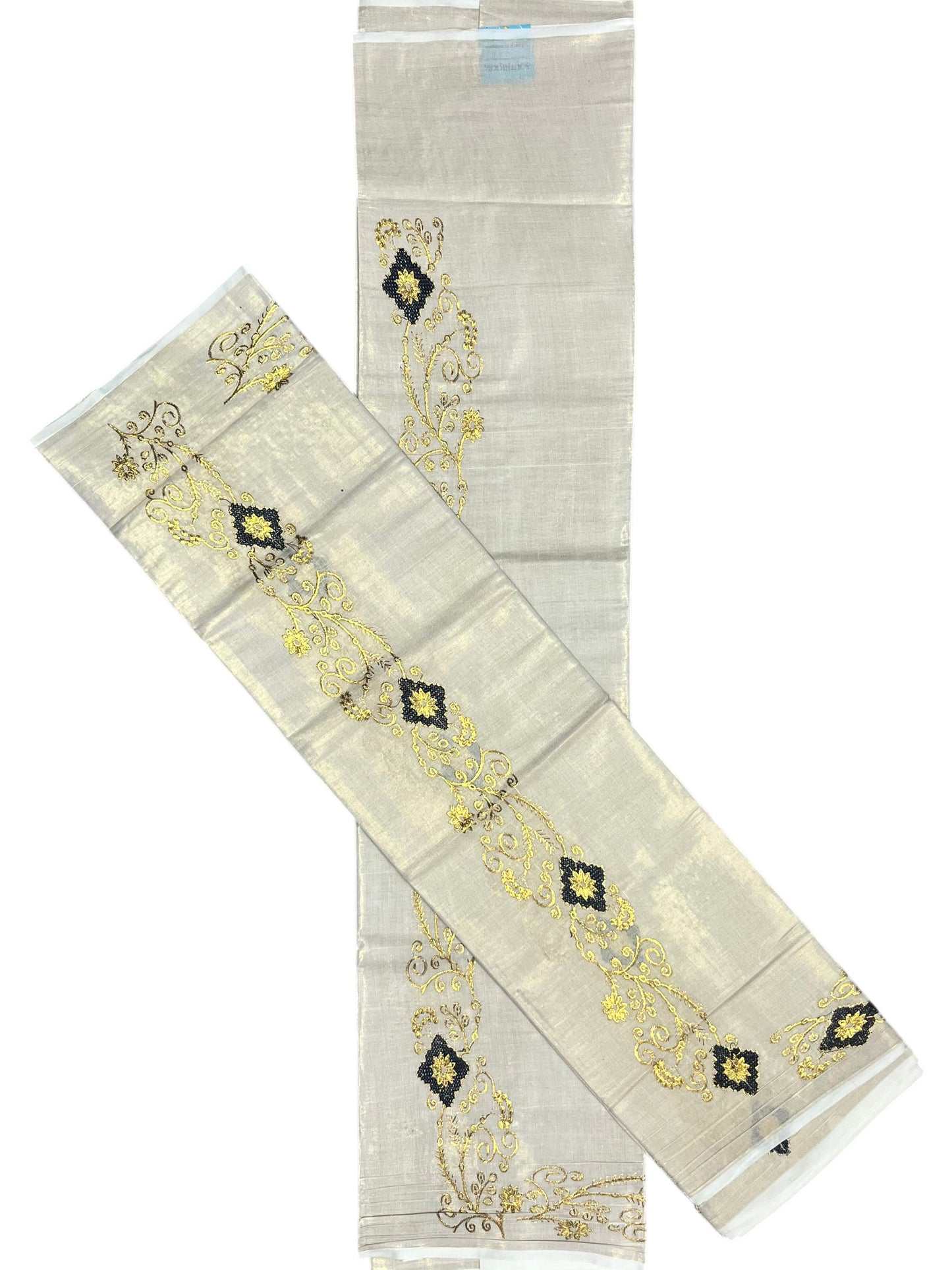 Southloom Kerala Tissue Kasavu Single Set Mundu (Mundum Neriyathum) Black and Golden Embroidery Work