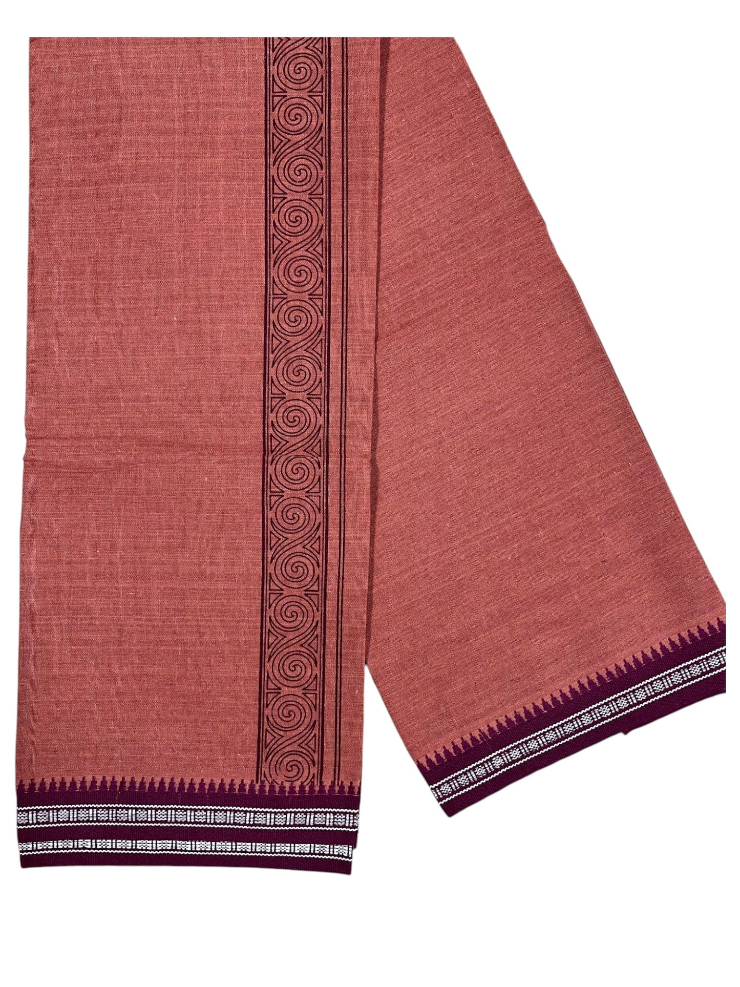 Southloom Saffron (Kaavi) Maroon Printed Single Mundu / Lungi (South Indian Kerala Dhoti)