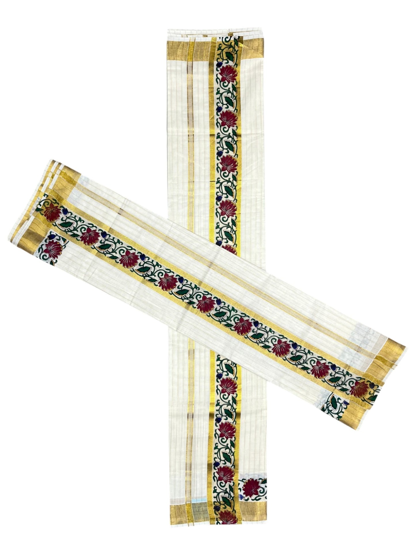 Southloom Cotton Lines Single Set Mundu (Mundu Neriyathum) With Maroon Floral Print And Gold Border Kasavu in 2.80 Mtrs