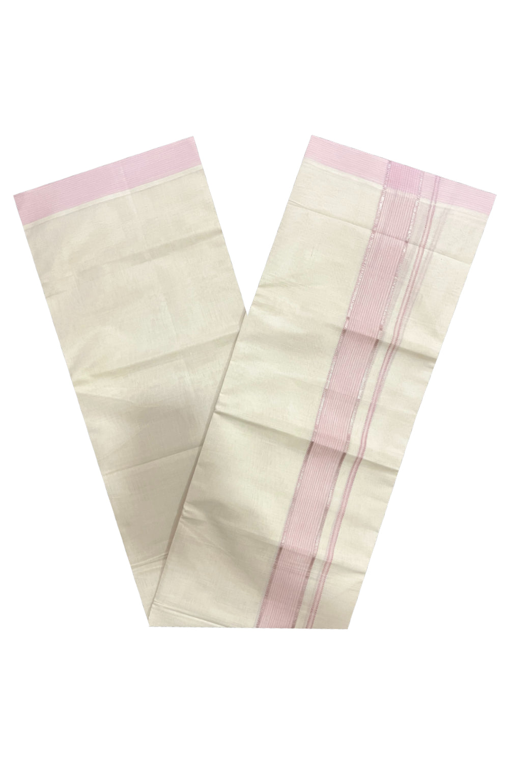 Pure Cotton 100x100 Double Mundu with Pink and Silver Kasavu Kara (Onam Mundu 2023)