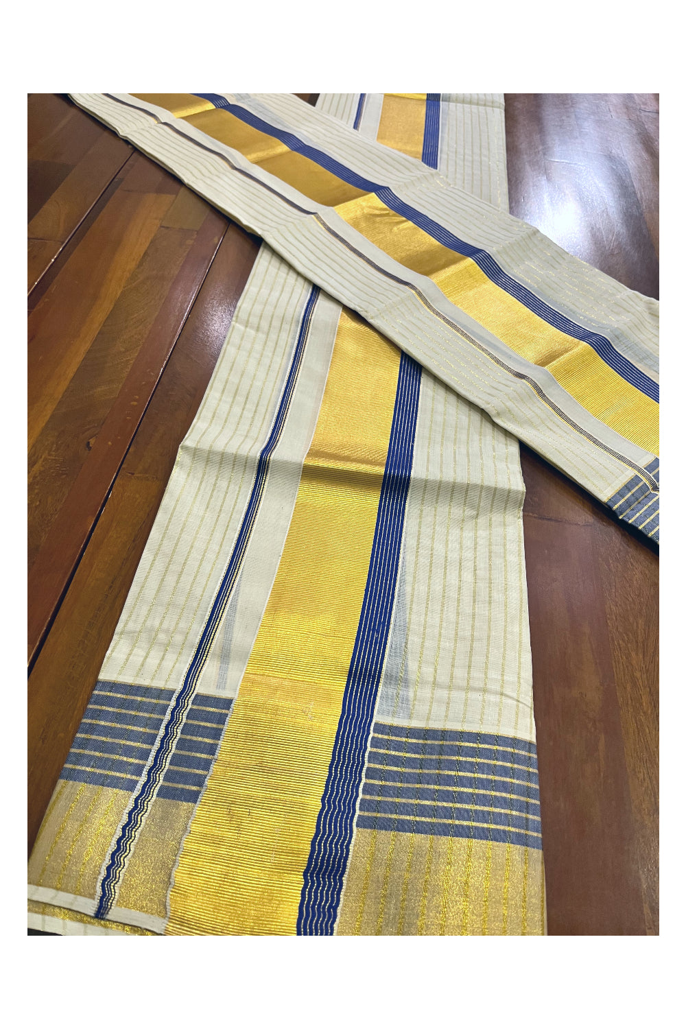 Kerala Cotton Set Mundu Single (Mundum Neriyathum) with Kasavu Lines on Body and Blue Border 2.80 Mtrs