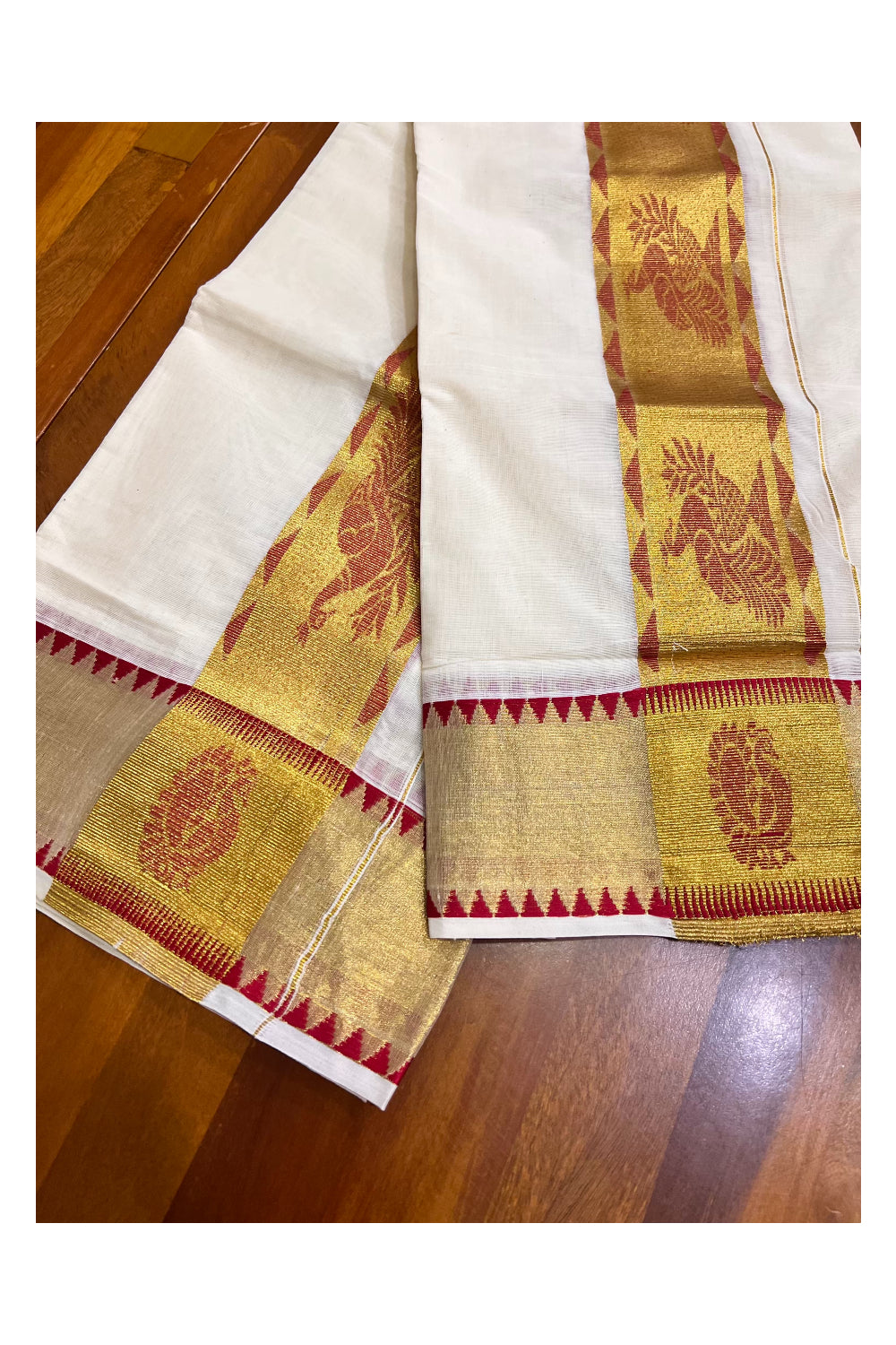 Kerala Pure Cotton Set Mundu Single (Mundum Neriyathum) with Pink Woven Designs on Kasavu Border-2.80Mtrs (Vishu 2024 Collection)