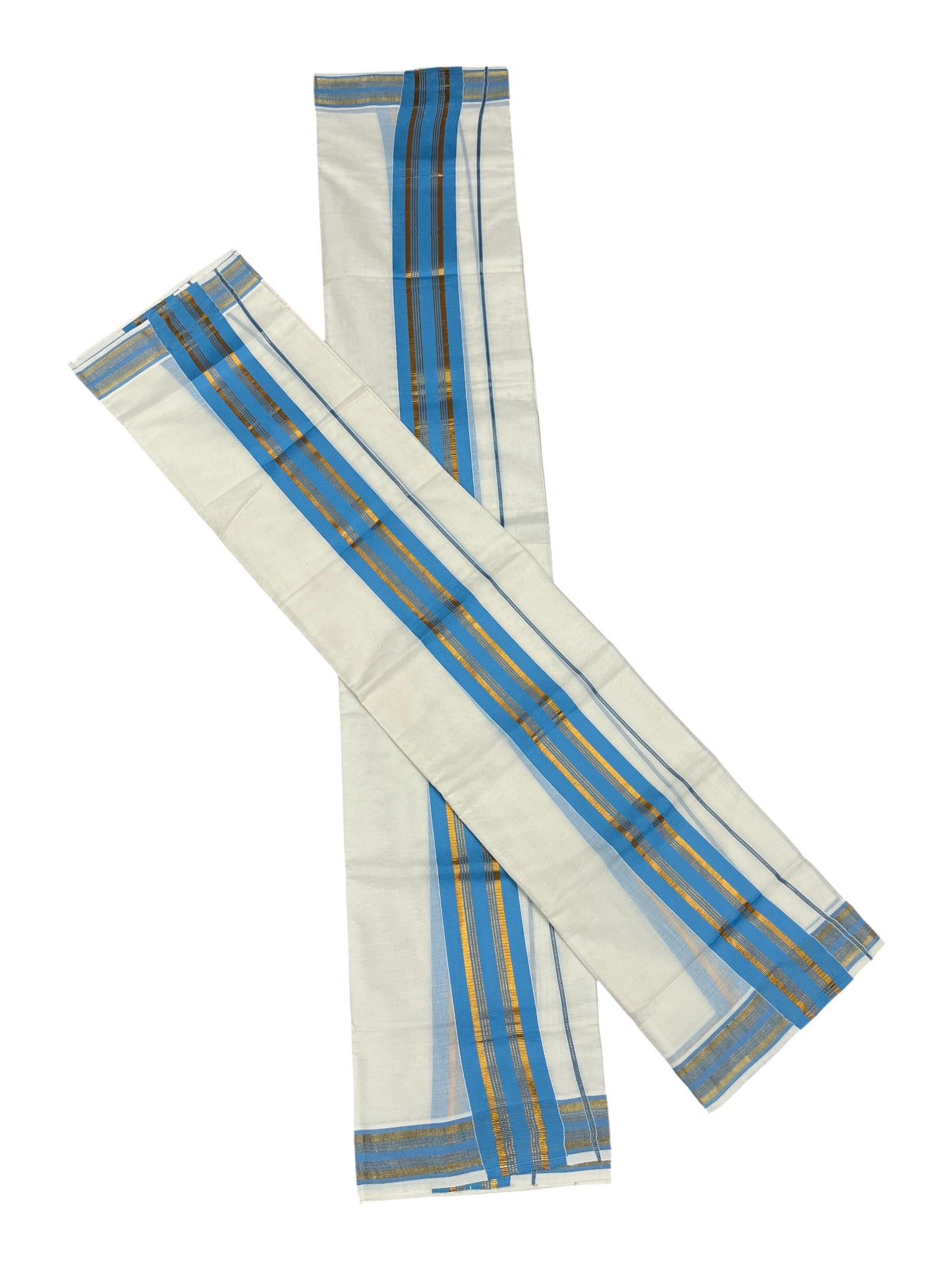 Kerala Cotton Kasavu Single Set Mundu (Mundum Neriyathum) with Blue Kasavu Border in 2.80 Mtrs