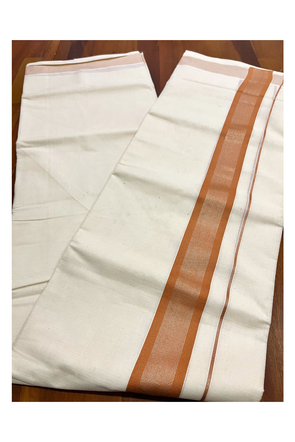 Kerala Pure Cotton Double Mundu with Orange and Silver Kasavu Border (South Indian Kerala Dhoti)