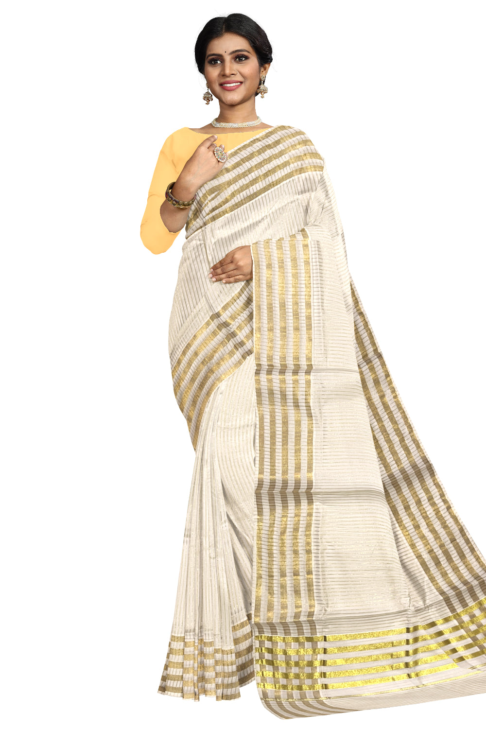 Pure Cotton Kerala Kasavu Lines Design Saree