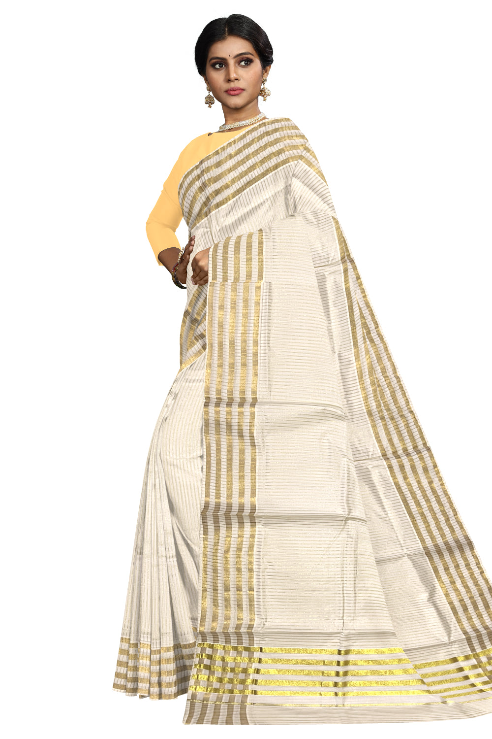 Pure Cotton Kerala Kasavu Lines Design Saree