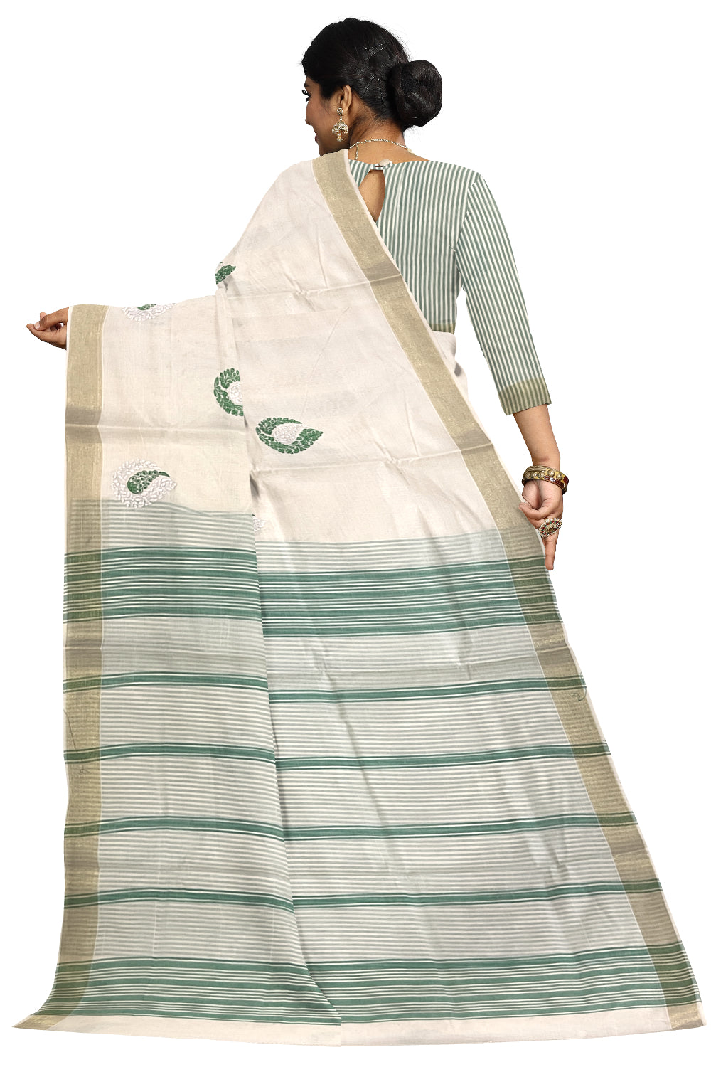 Pure Cotton Kerala Saree with Green Paisley Embroidery Work and Kasavu Border