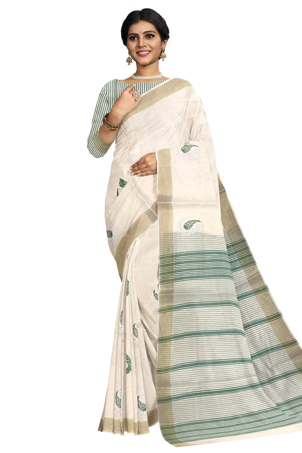 Pure Cotton Kerala Saree with Green Paisley Embroidery Work and Kasavu Border