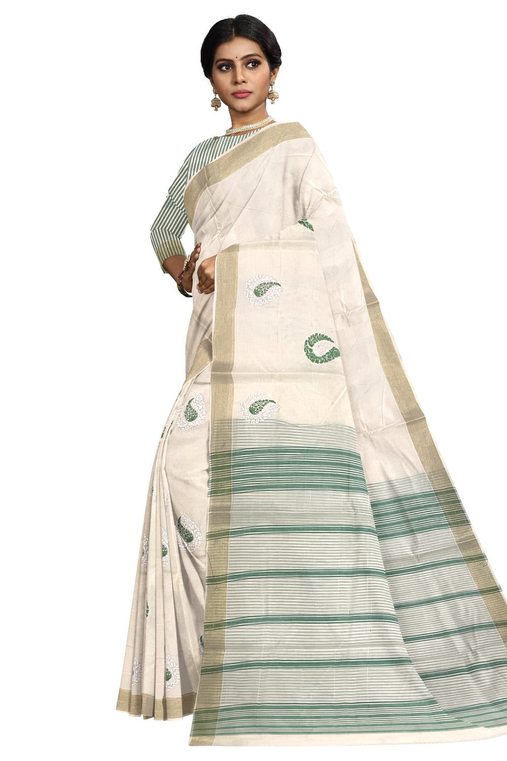 Pure Cotton Kerala Saree with Green Paisley Embroidery Work and Kasavu Border