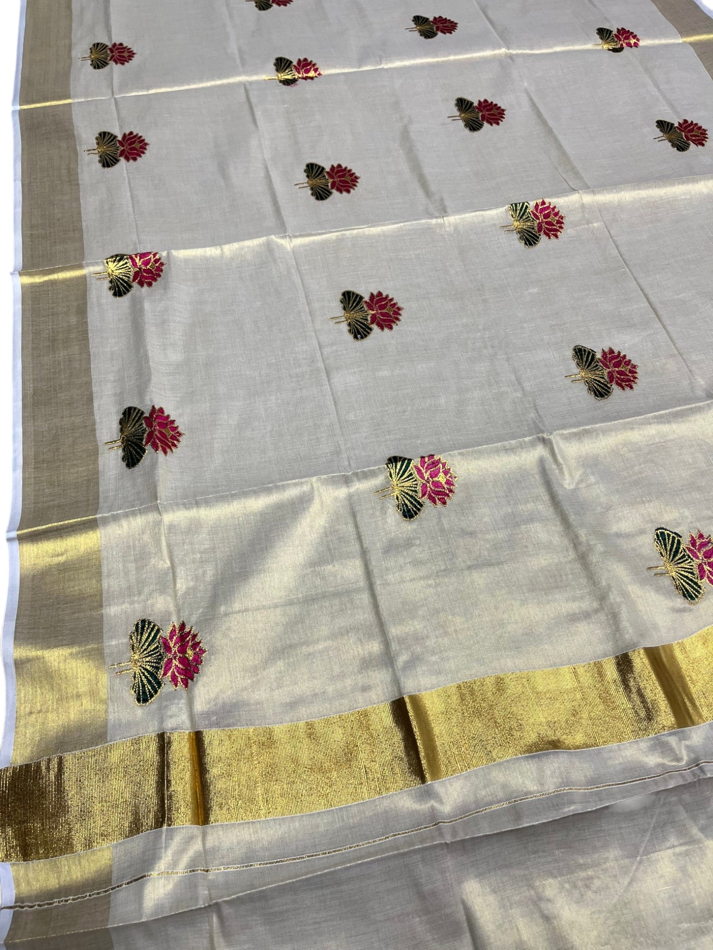 Southloom Lotus Pink and Green Embroidery Tissue Plain Kerala Saree SL289