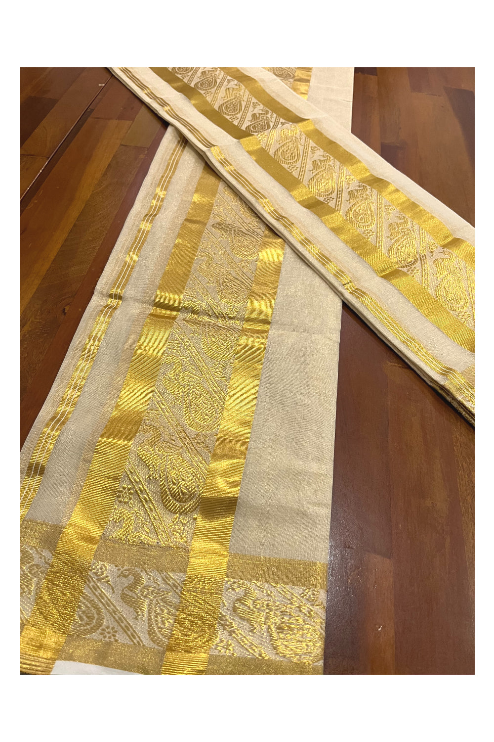 Southloom Premium Handloom Tissue Single Set Mundu with Peacock Kasavu Woven Border