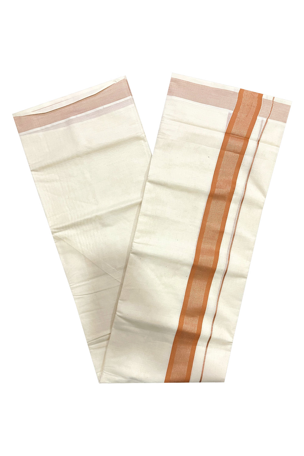 Kerala Pure Cotton Double Mundu with Orange and Silver Kasavu Border (South Indian Kerala Dhoti)