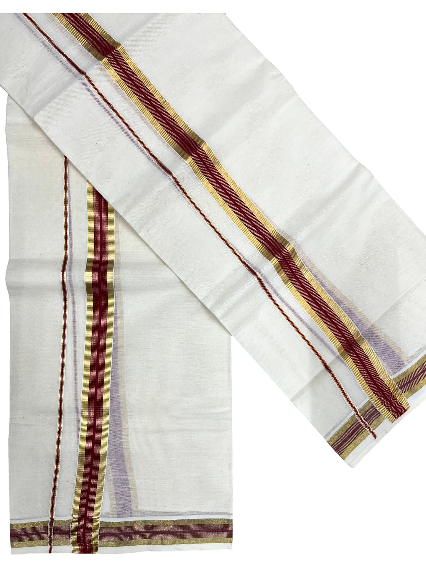 Southloom Pure Cotton Kerala Single Set Mundu (Mundum Neriyathum) with Maroon and Kasavu Border 2.80 Mtrs SLKK