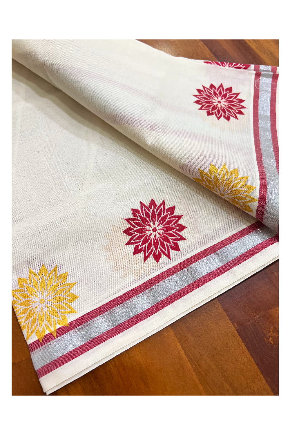 Kerala Cotton Mundum Neriyathum Single (Set Mundu) with Red and Yellow Floral Block Prints with Green Silver Kasavu Border