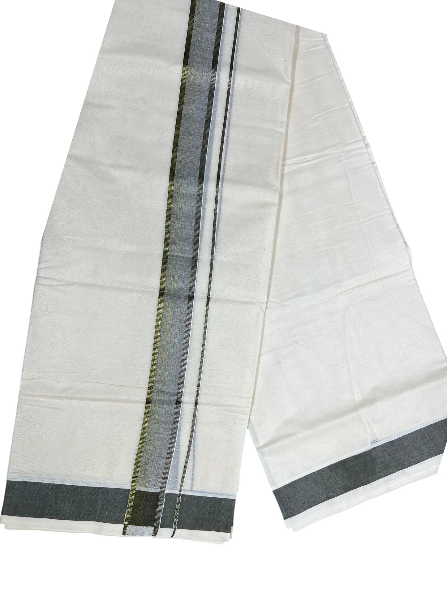 Southloom Kerala Pure Cotton Double Mundu with Green Border (South Indian Dhoti)