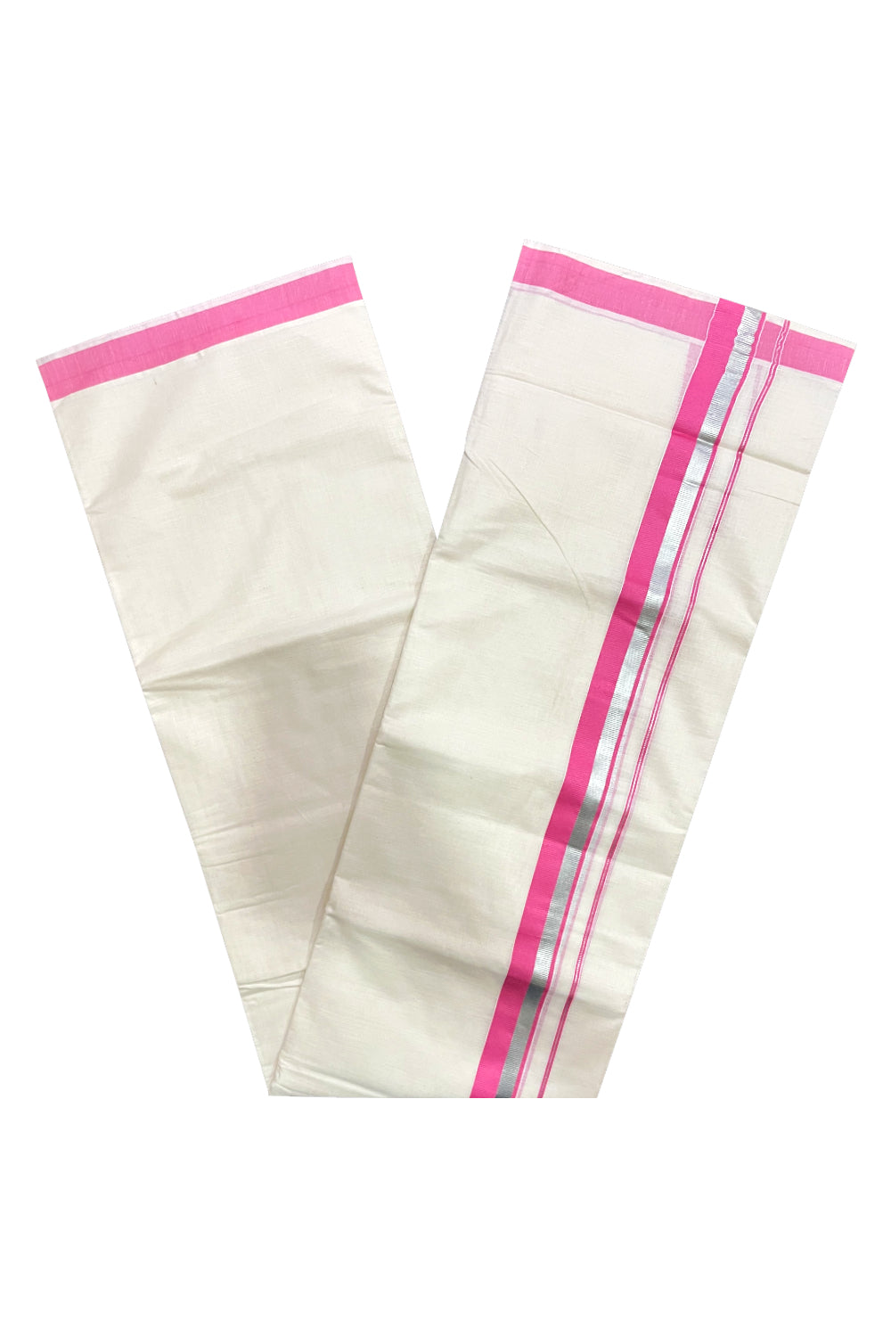 Pure Cotton Double Mundu with Silver Kasavu and Pink Kara (South Indian Kerala Dhoti)