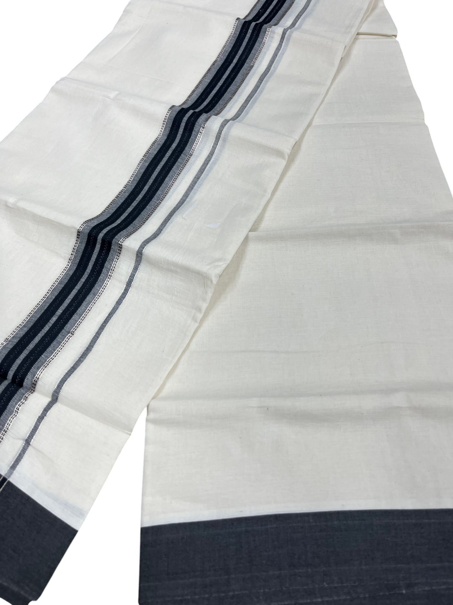 Southloom Kerala Pure Cotton Double Mundu with Silver Lines and Grey and Black Border with (South Indian Dhoti)